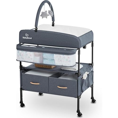 BabyBond Portable Baby Changing Table with 2 Storage Baskets, Foldable Changing Table Dresser Waterproof Diaper Changing Table Height Adjustable Changing Station for Infant and Newborn(Grey)