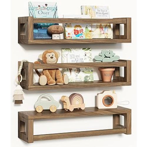 Upgraded Thick Floating Shelves, Solid Wood Bookshelf for Wall, Floating Book Shelves Use as Wall Shelves for Bedroom, Kids Room, Nursery, Books, Spice Rack & Decor – Dark Walnut Brown