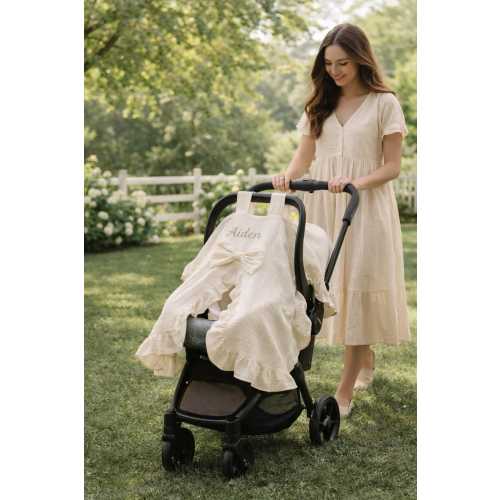 Personalized Muslin Car Seat Canopy with Name | 4-Layer Cotton Baby Cover
