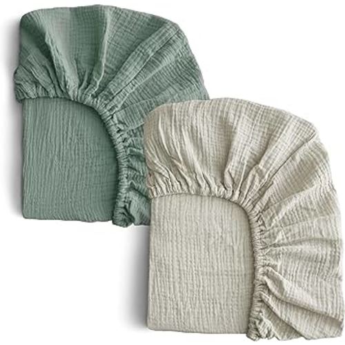COSMOPLUS-Muslin-Crib-Sheets-for-Girls-Boys-Neutral-Baby,2 Pack Boho Crib Matress Sheet,Fitted Crib Sheet for Standard Crib Mattress & Toddler Bed Mattress,Organic Cotton,Slate Green & Light Gray