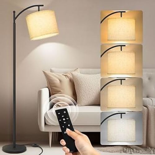 PESRAE Arc Floor Lamp with Remote Control, 9W/1000LM Stepless 3000K-6000K LED Bulb Included, Standing Lamp with Tall lamp with Adjustable Linen Lampshade for Bedroom,Living Room
