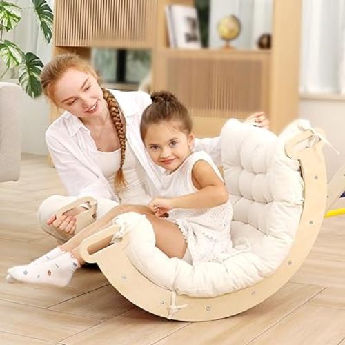 2 in 1 Montessori Climbing Arch for Toddlers,Rainbow Wooden Climbing Arch Rocker& Cushion,Pillow for Arches,Climbing Triangle Ramp,Montessori Climbing Gym for Kids 0-8