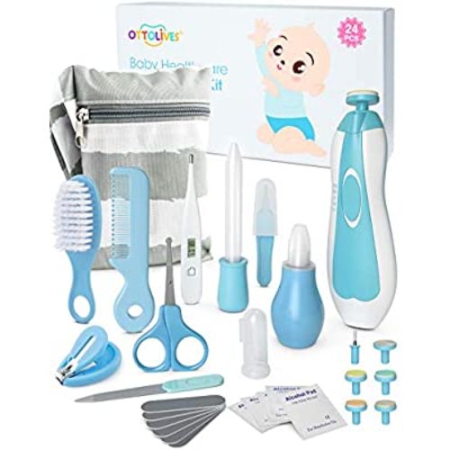 OTTOLIVES Baby Healthcare and Grooming Kit, 24 in 1 Baby Electric Nail Trimmer Set Newborn Nursery Health Care Set for Newborn Infant Toddlers Baby Boys Girls Kids Haircut Tools (0-3 Years+) (Blue)
