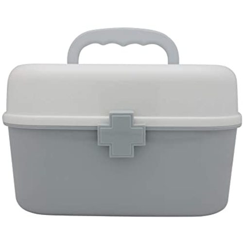 BangQiao Plastic First Aid Storage Box Container Bin with Removable Tray and Portable Handle, Family Emergency Medicine Kit Case Organizer, White&Gray