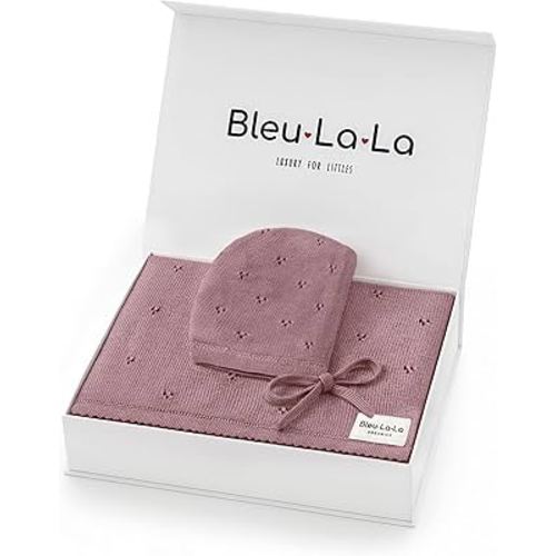 Bleu La La Baby Gift Set - Organic Cotton Newborn Blanket Essentials, Thoughtful Baby Shower & New Baby Gift for Boys & Girls (Pointelle - Sugar Plum)