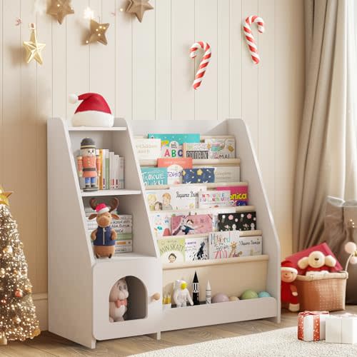 Montessori Kids Bookshelf, 5 Sling Toddler Bookcase, 4 Tier Display Shelves, Baby Book Rack and Toy Storage Organizer Cabinet, Wooden Floor Children Bookshelf Nursery Bedroom Playroom, White