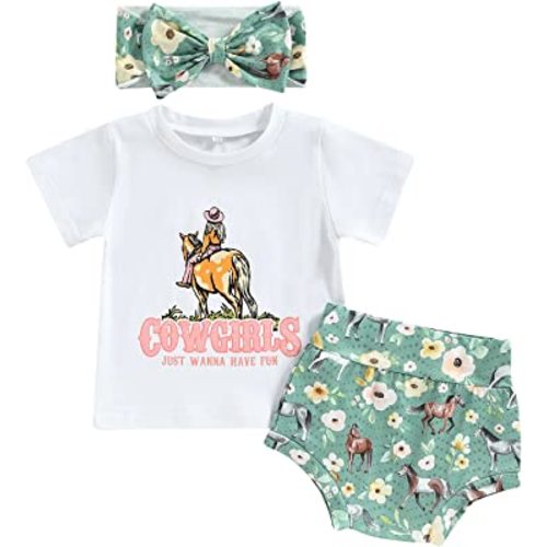 Bingqiling Western Baby Summer Clothes Toddler Cowgirl Outfit Horse Boots Cactus Short Sleeve Shirt and Shorts Set + Headband
