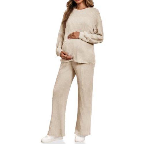 Yousify Womens Maternity Pajamas Sets 2 Piece Outfits Ribbed Knit Long Sleeve Tops Pants Loungewear Mama Clothes
