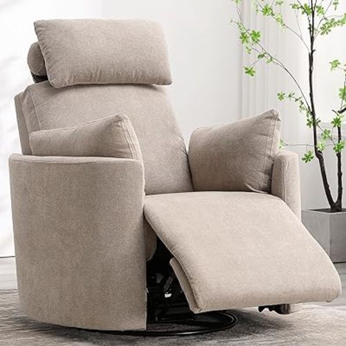 Power Rocker Recliner Chair for Adults, 270° Swivel Barrel Nursery Glider Chair with Overstuffed Backrest, Deep Seat, 2 Pillows, Remote Control, Round Single Sofa for Living Room Bedroom, Light Tan