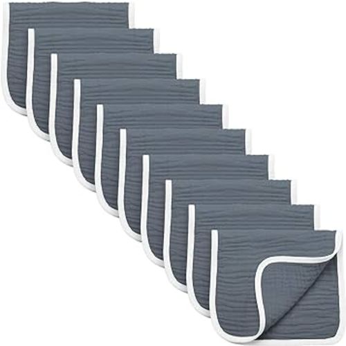 Synrroe Burp Cloths Large, Muslin Burp Cloths for Baby Girls and Boys, Pack of 10 Extra Absorbent and Soft Muslin Bibs, 6 Layers 20 by 10 Inches 100% Cotton (Dark Grey 10 Pack)