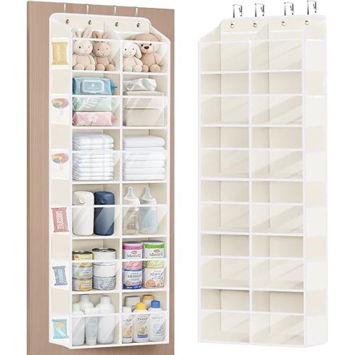 Univivi Over the Door Organizer, 6 Tiers Behind Door Storage with Clear Deep Pockets Hanging Organizer for Closet, Bedroom, Nursery, Bathroom and Sundries (Beige)