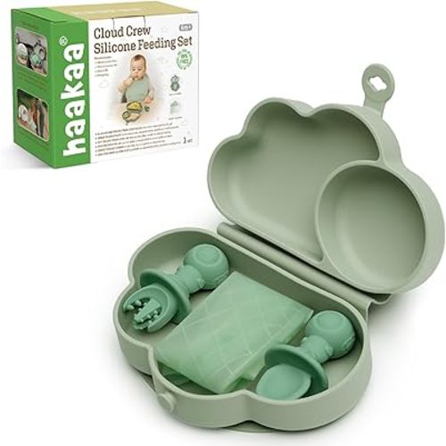 haakaa Cloud Crew Silicone Travel Baby Feeding Set with Foldable Suction Baby Plates, Silicone Bibs, Baby Spoons and Forks, Waterproof Travel Bag, Baby Eating Essentials,6M+