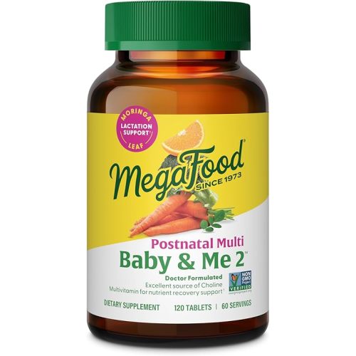 MegaFood Baby & Me 2 Postnatal Vitamins for Breastfeeding Moms with Folate (Folic Acid Natural Form), Choline, Iodine, Vitamin D, Moringa Leaf and More - 120 Tabs (60 Servings)