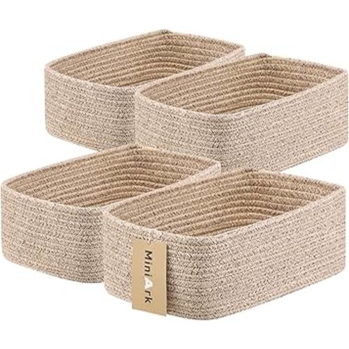 Small Storage Baskets for Organizing | Closet Organizer Bins | Shelf Toy Basket | Woven Rope Baskets | Cube Decorative Box | Shallow Basket | 11.5x7.5x4.7” | 4 Packs Mixed Brown