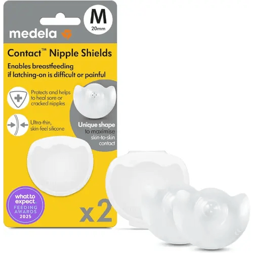 Medela Contact Nipple Shields for Breastfeeding, 20 mm, Food Grade Silicone, Designed to Protect Cracked or Sore Nipples and Support with Latch-On, Made Without BPA, Pack of 2