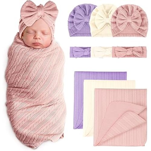 Newborn Receiving Blanket with Bow Hat Headband Set Wheat-Pattern Newborns Toddler Baby Boy Girl Nursery Swaddle Wrap
