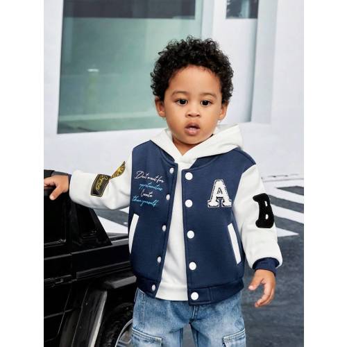 SHEIN Baby Boy Slogan Graphic Colorblock Varsity Jacket Without Tee