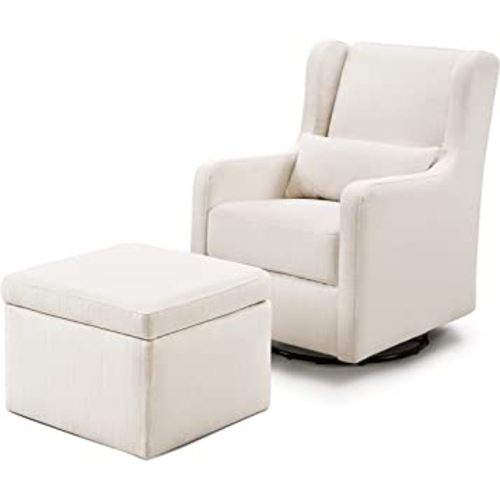Carter's by DaVinci Adrian Swivel Glider with Storage Ottoman in Performance Cream Linen, Water Repellent and Stain Resistant, Greenguard Gold & CertiPUR-US Certified