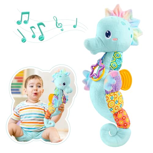 AWOTOY Baby Toys 0 to 12 Months, Musical Stuffed Animal Activity Soft Toys with Multi-Sensory Crinkle, Rattle and Textures, Infant Tummy Time Toys for Newborn Boys, Seahorse, Blue