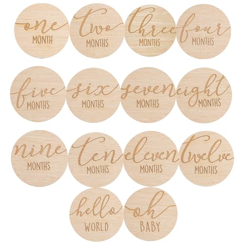 Pearhead Wooden Monthly Milestone Photo Cards - 7 Double-Sided Engraved Discs for Baby Announcement and Milestones, Gender-Neutral Photo Props for Newborn Boy and Girl, Light Wood