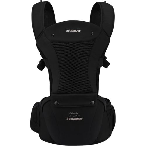 Bebamour Baby Carrier Safety-Certified Hip Seat Baby Carrier Newborn to Toddler Baby Carrier Hipseat 0-36Months with Head Hood, 3 PCS Teething Pads, Waist Extender & Storage Bag, Black