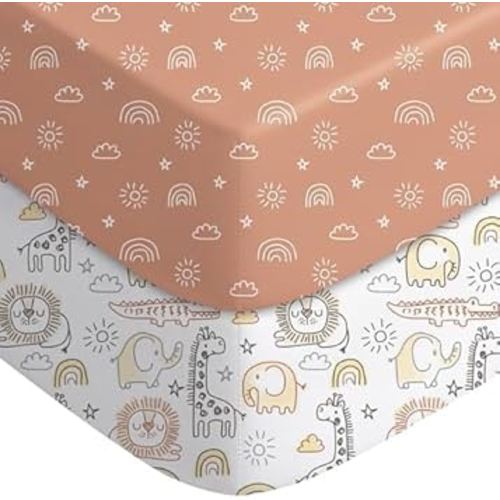 Yoofoss Pack and Play Sheets Fitted, Mini Crib Sheets 2-Pack for Pack N Play Mattress, Stretchy Playard Sheet, Soft and Breathable Animal World