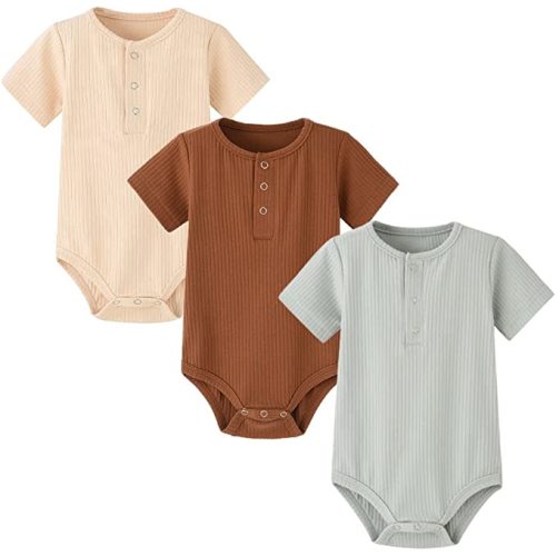 SUITBOY Baby Boy Ribbed Bodysuit Short Sleeve Solid Romper Newborn Jumpsuit One Piece Baby Ribbed Clothes/Outfits 0-18 Months - Solid Coffee+khaki+l Green - 0-3 Months