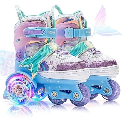 Mermaid 4 Size Adjustable Light up Roller Skates for Girls, Purple Blue Skates for Toddlers, Beginner Kids Roller Skates Indoor Outdoor