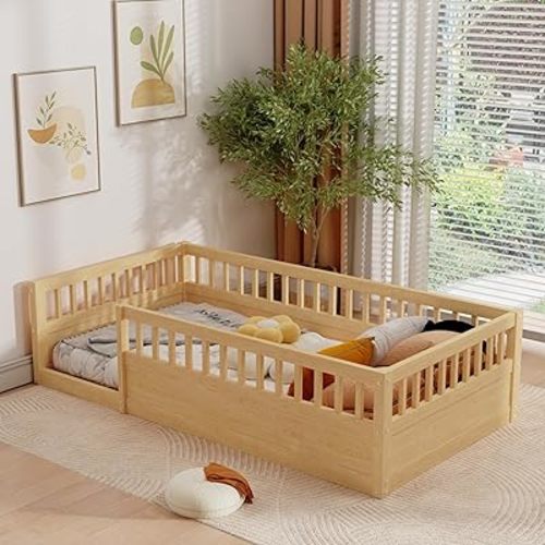 Floor Bed for Kids, Twin Size Montessori Bed with High Fence Railings, Wood Playhouse Bed with Rails for Baby Boys Girls Teens, No Slats Included, Natural