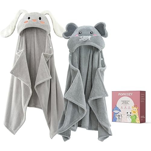 Momcozy Baby Bath Towels with Hooded -Visualize Health Label -Soft & Absorbent Coral Fleece Towel for Comfort & Warm - Bath Essential or Shower Gift for Newborn, Infant,Toddler (Large, 28 x 55 Inch)