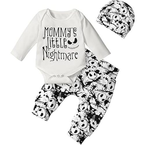 Night Christmas Baby Mommy's Little Nightmare Letter Print Bodysuit Pants and Hat Outfit Set Newborn to Infant