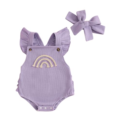 Hnyenmcko Newborn Baby Boy Girls Clothes Infant Rainbow Romper Waffle Ruffled Sleeveless Backless Bodysuit Jumpsuit Outfit