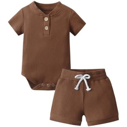 Derouetkia Summer Newborn Baby Boy Girl Clothes Solid Color Ribbed Romper and Shorts Outfits Set
