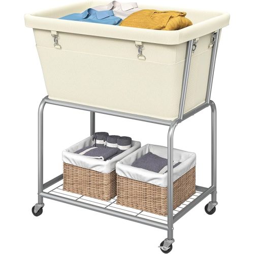 ELYKEN Rolling Laundry Hamper with Wheels, 32-Gallon (122L) Laundry Cart with Removable Bag, 2-Tier Clothes Basket Hamper with Shelf for Closet, Bedroom, Bathroom, Laundry Room, Cream