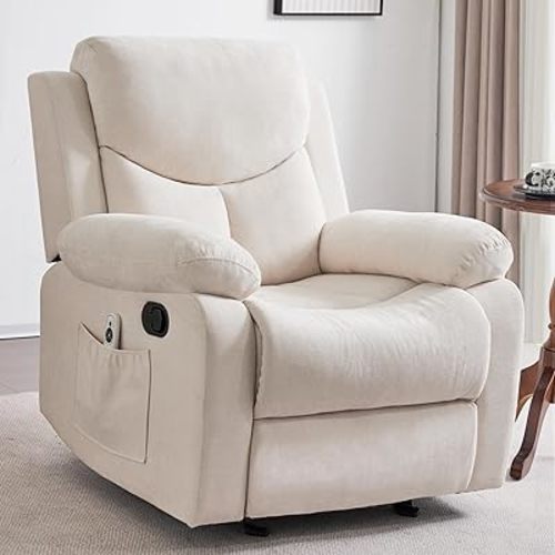 Manual Rocker Recliner Massage Chair for Adults,Overstuffed Glider Rocking Recliner Fabric Chair for Living Room,Upholstered Soft Reclining Chair with Side Pocket (Beige)