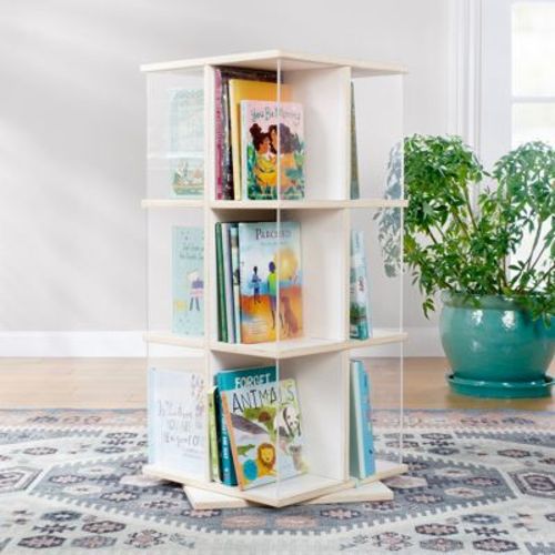 Guidecraft EdQ Rotating Book Display - White: 3-Tier 360 Spinning Standing Wooden Montessori Kids Book Storage with Acrylic Shelves for Classroom