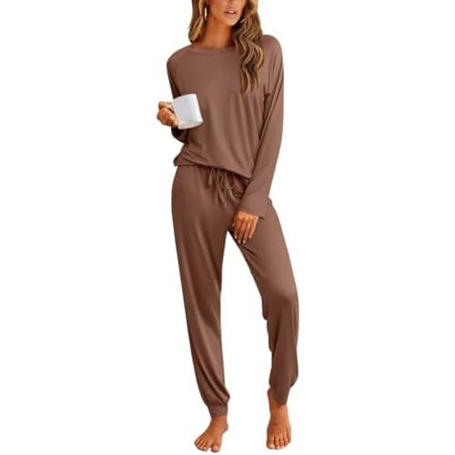 Ekouaer Pajamas Womens Long Sleeve Pj Set 2 Piece Loungewear Soft Comfy Sleepwear with Jogger Pants S-XXL