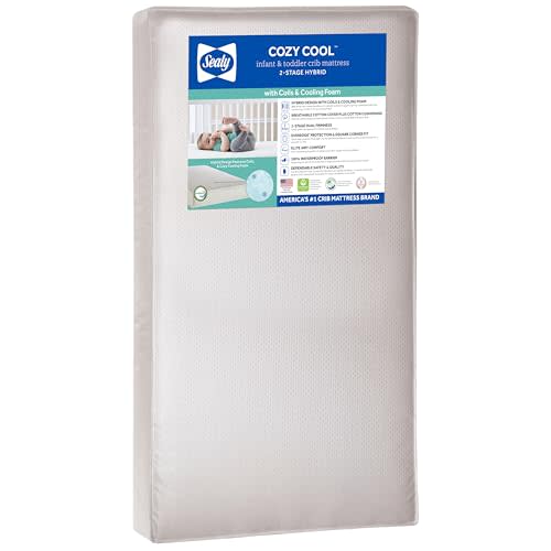 Sealy Baby Cozy Cool Hybrid Breathable Crib Mattress, GREENGUARD GOLD Certified, Made in USA, Cooling Foam, 2 Stage, Toddler Bed Fit, 204 Coils & Cotton Cover, Safety & Quality Tested, 52x28"