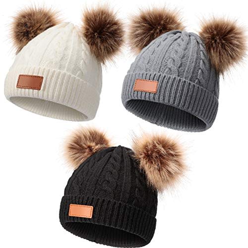 Kids Winter Pompom Hat Knitted Ski Beanie Hat Double Pom Beanie Cap for Girls Boys, for 1-3 Years Old
