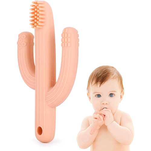 Cactus Teether, Baby Teething Toys for Babies 0-6 Months 6-12 Months, Self-Soothing Pain Relief Soft Baby Toothbrush for Babies, Toddlers, Infants, Boy and Girl, Natural Organic BPA Free(Peachy)