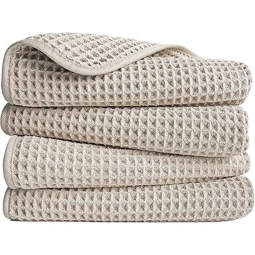POLYTE Microfiber Lint Free Hand Towel, 16 x 30 in, 4 Pack (Beige, Waffle Weave)