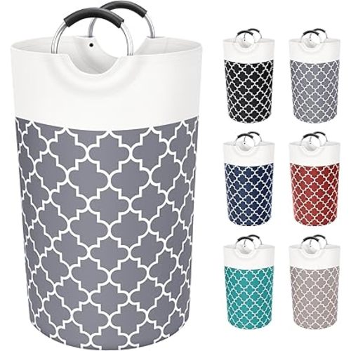 Large Laundry Basket Laundry Hamper Bag Washing Bin Clothes Bag Collapsible Tall with Handles Waterproof Travel Bathroom College Essentials Storage for College Dorm, Family (Grey) 82L