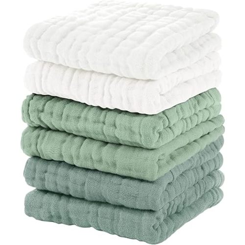 Muslin Baby Washcloths 6 Pack, 100% Cotton Wash Cloths for Babies, Large 12''X12'' Burp Cloths Absorbent and Soft for Newborn Infants Kids Boys Girls - White Green