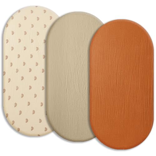 SNOOZYNEST Soft Muslin Bassinet Sheets 32" x 18", Baby Bassinet Mattress Fitted Cover, Fit for Halo, Fisher Price, Delta, Graco, Oval Bassinet or Cradle, for Girl or Boy(Rainbow & Orange & Khaki)
