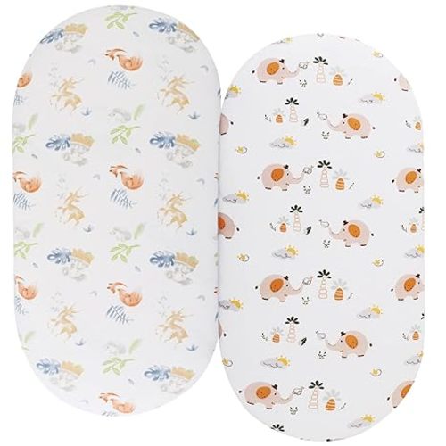 Bassinet Fitted Sheets Compatible with SNOO Happiest Baby Oval Bassinet, 2 Pack, 100% Jersey Knit Cotton 190GSM, Ultra Soft Breathable, Fox Deer and Elephant - Fox Deer / Elephant - for SNOO Happiest Baby Bassinet