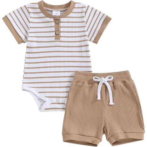 Newborn Baby Boy Girl Clothes Set Ribbed Short Sleeve Striped Romper Top Solid Color Shorts Sets 2Pcs Summer Outfits