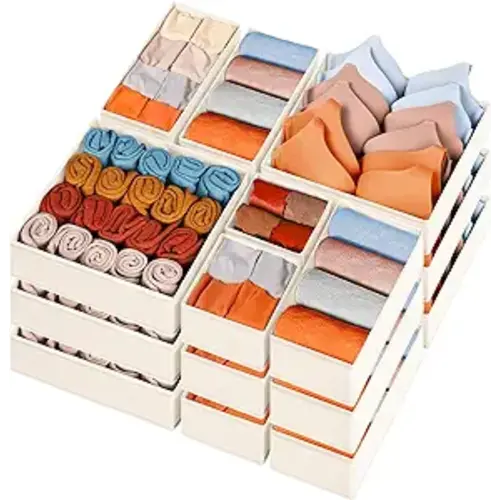 15 Pack Drawer Organizers for Clothing, Dresser Drawer Dividers Collapsible Fabric Closet Organizers and Storage Bins for Baby Clothes Underwear Sock Bra - Christmas Ornament Storage Boxes (Beige)