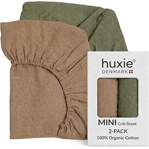 Mini Crib Sheets - Organic Cotton Muslin Fitted MINI Crib Sheet for Pack and Play - Ultra-Soft and Breathable for Boys and Girls (2-Pack Sage Green/Natural)