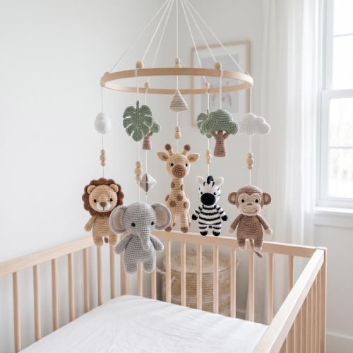 Custom Crochet Baby Mobile Safari Nursery Decor, Handmade Jungle Animal Crib Mobile