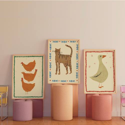 Set of 3 Farm Animals Print, Art Bundle Children Bedroom, Vintage Nursery Wall Art, gift for New Mom, Cottagecore Nursery Art, Boho wall Art